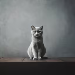 a grey cat sits on a piece of wood