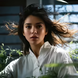 a woman is posing outside with her hair in the wind