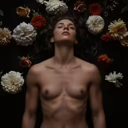 a naked man with no shirt and several flower heads