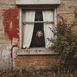 a woman with blonde hair looking out of the window