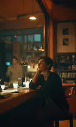 a woman sitting at a counter in a bar drinking