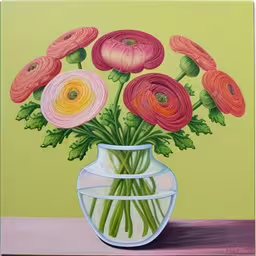 a painting of a vase with flowers in it,a vase filled with pink flowers and green stems,a painting of an acrylic vase with flowers in it,this painting of flowers is on display,a painting of a vase full of colorful flowers
