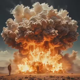 two people standing on the sand near an enormous explosion of smoke