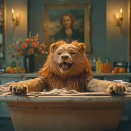 a lion model standing inside of an old bathtub