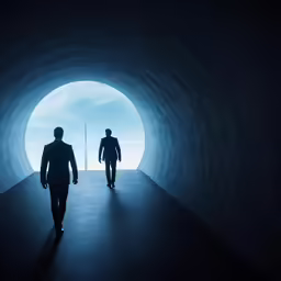 two men in suits walking into a long tunnel