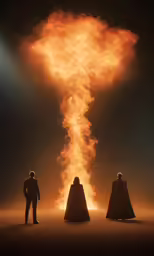 the costumed figures are lit with flarer behind them