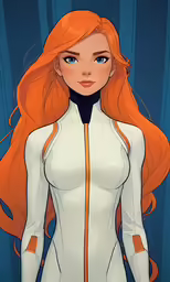 the girl in her white costume has red hair and has orange eyes
