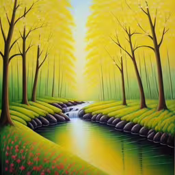 painting on canvas with pond and tree, in an art gallery,a painting on the wall depicting trees and a river,a painting of a stream near some trees,a painting of water and trees with the green grass and yellow sky,a painting of a river with some trees and flowers