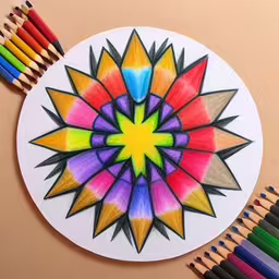 a colorful piece of paper sitting next to colored pencils and markers,a coloring paper and crayons are used to create an abstract flower