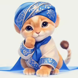 a cat doll wearing a blue scarf and dress