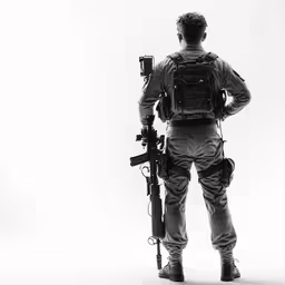 a man with rifle back against white background