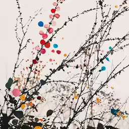 an image of a bare tree branches with colorful decorations