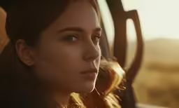 a woman sitting in the driver seat of a car with her hand on her hip