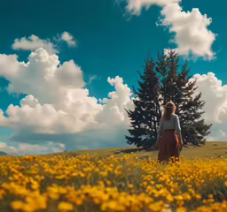 a person stands in the middle of a field with yellow flowers and clouds