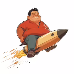 a cartoon man sitting on a rocket like object