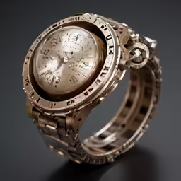 a watch sits on top of a black surface