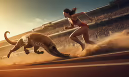 a woman chasing a crocodile while a photographer photographs
