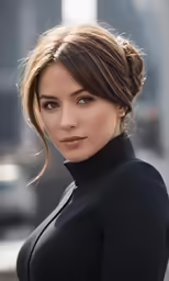a woman is looking at the camera with very serious eyes