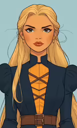 a drawing of a woman with blonde hair wearing a blue top