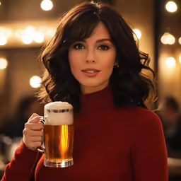 a woman in red posing with a mug