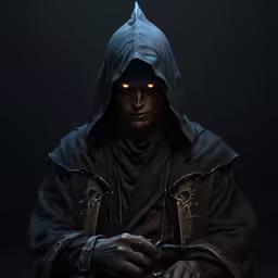 a man dressed in dark clothing wearing a hooded hood