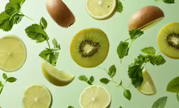 slices and segments of different kinds of lemon, lime, oranges, and mint on a green background