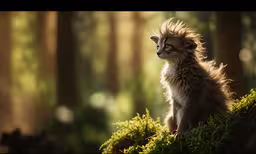 an animal with long hair and eyes sits on a tree stump