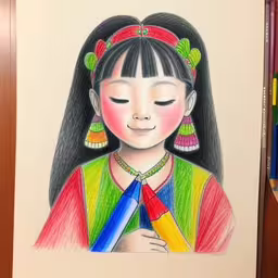 the young girl with long hair holds a colorful object,an artist
