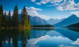 a scenic view of the mountains and trees along a lake
