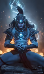 an artistic picture of a man in armor with blue lights