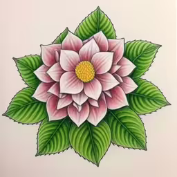 a drawing of flowers with green leaves on it,a large pink and green flower with green leaves