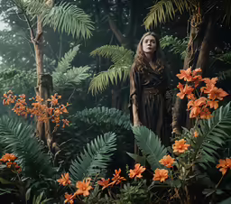 a woman standing in the middle of some tropical foliage