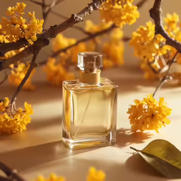 a bottle of perfume with yellow flowers behind it