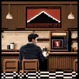 the boy is sitting at the counter near the microwave