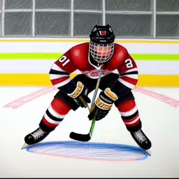 a drawing of an ice hockey player in red jersey, and puckers uniform