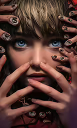 a girl with large, blue eyes is surrounded by lots of nails