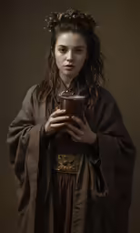 a woman dressed as an asian warrior with a cup