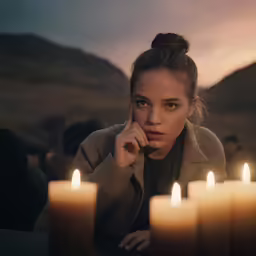 a woman sitting in front of candles that are lit