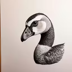 a black and white drawing of a goose with an oval beak