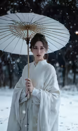 woman in white robes is holding an umbrella