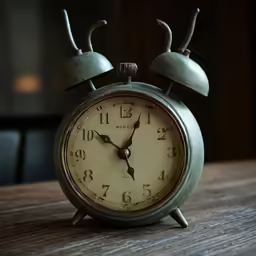 an alarm clock sitting on top of a wooden table