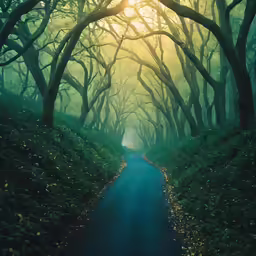 the sun shining through the trees onto the road