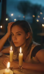 a girl is posing with her candle lit in the background