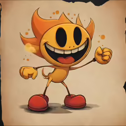 a yellow cartoon character with a red shoe on