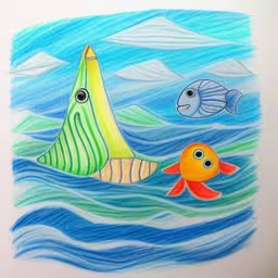an art print depicting two fish and a big fish,a drawing of a fish, a fish and a bird swimming in the water