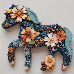 an artistic picture of a metal horse with painted flowers