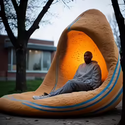 a man sitting in a beanbag chair with an orange light on it