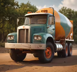 a light blue and orange truck sitting on the dirt,this is a bright blue and yellow truck