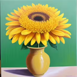 a painting of a sunflower in a tan vase on a table,a painting of a sunflower in a small ceramic vase