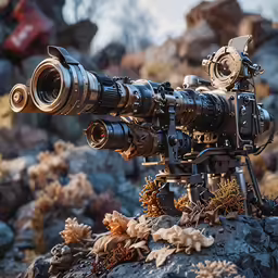 an image of a large telescope set up on rocks